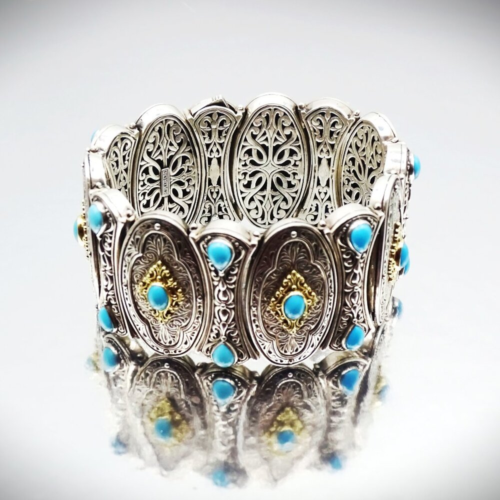 KONSTANTINO Sterling Silver 18K Gold Turquoise Wide Bangle Bracelet 149 Grams - Picture 2 of 15